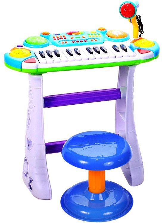 Orga Interactiva electronica IDL Mica Artista cu Scaunel si Microfon, Dimensiune 45,0 x 20,0 cm, Orga cu 24 Clape Silentioase, 16 Tipuri de melodii, Lumini Colorate, Buton pentru inregistrare si redare, materiale calitative, Culoare Albastru