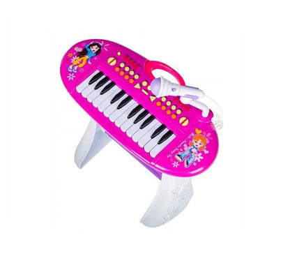Orga Electronica cu Microfon si scaunel idealSTORE, Pink Hanna Singer, Dimensiuni 41 x 48 x 24 cm, Accesorizata cu 24 taste de Pian ce incurajeaza jocul de rol, Alb-Roz