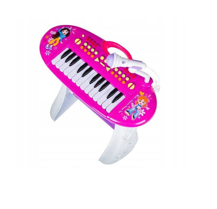 Orga Electronica cu Microfon si scaunel idealSTORE, Pink Hanna Singer, Dimensiuni 41 x 48 x 24 cm, Accesorizata cu 24 taste de Pian ce incurajeaza jocul de rol, Alb-Roz