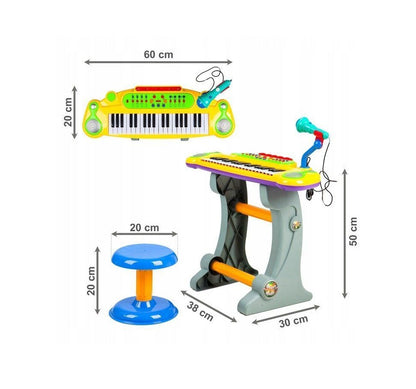 Orga Electronica cu Microfon, Scaunel si Led-uri idealSTORE, Dimensiuni 50 x 38 x 30 cm, Echipata cu 37 taste de Pian, Ritmuri si sunete de instrumente diferite