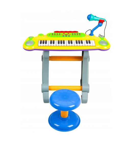 Orga Electronica cu Microfon, Scaunel si Led-uri idealSTORE, Dimensiuni 50 x 38 x 30 cm, Echipata cu 37 taste de Pian, Ritmuri si sunete de instrumente diferite