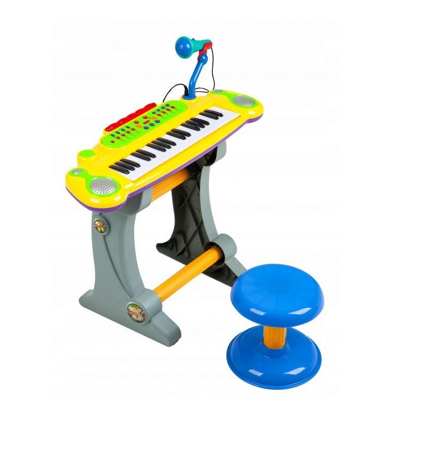 Orga Electronica cu Microfon, Scaunel si Led-uri idealSTORE, Dimensiuni 50 x 38 x 30 cm, Echipata cu 37 taste de Pian, Ritmuri si sunete de instrumente diferite