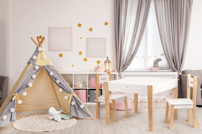 Masuta cu Scaune Funny Table idealstore, Blat Detasabil, Tabla de Creta Inclusa, Masa Compartimentata, Picioare Solide din Pin, Blat din MDF, Doua Scaune Confortabile, Rezistenta la Zgarieturi, Design Modern