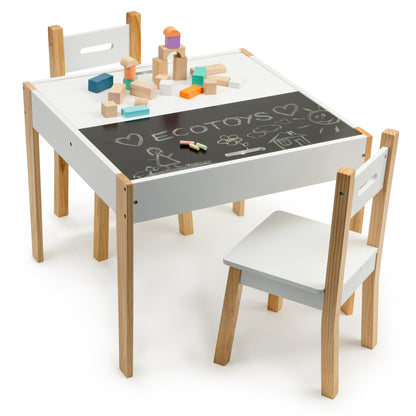 Masuta cu Scaune Funny Table idealstore, Blat Detasabil, Tabla de Creta Inclusa, Masa Compartimentata, Picioare Solide din Pin, Blat din MDF, Doua Scaune Confortabile, Rezistenta la Zgarieturi, Design Modern