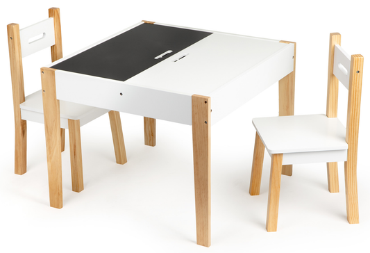 Masuta cu Scaune Funny Table idealstore, Blat Detasabil, Tabla de Creta Inclusa, Masa Compartimentata, Picioare Solide din Pin, Blat din MDF, Doua Scaune Confortabile, Rezistenta la Zgarieturi, Design Modern