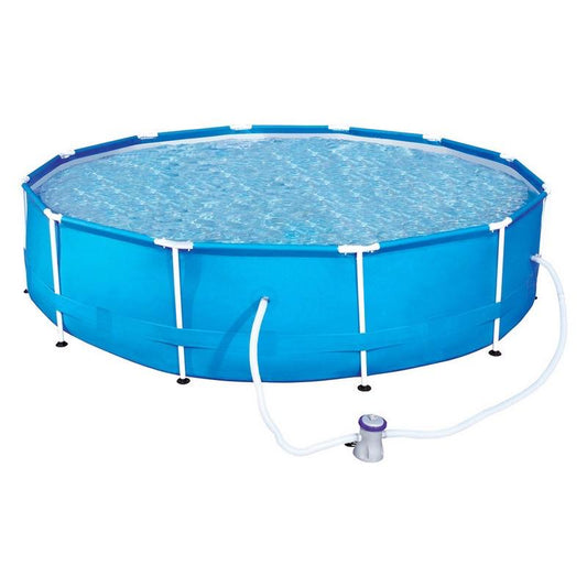 Piscina cu cadru metalic FAMILY idealSTORE, Dimensiuni 366 x 76 cm, Include valva de golirea apei, pompa de filtrare, Capacitate 6503 L, Material PVC, Metal, Culoare albastru, Ideala pentru verile calduroase