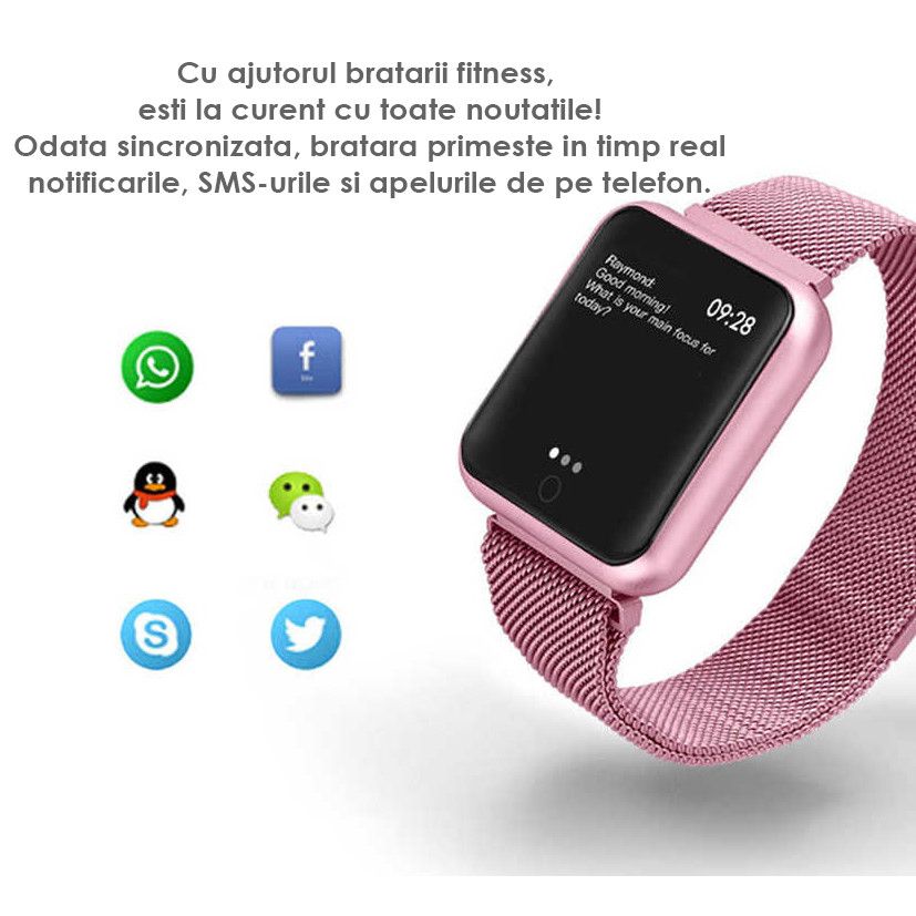 Smartwatch IDL Prestige 68 cu bratara metalica, Display de 1.3 inch IPS color Tactil, Monitorizare Ritm Cardiac, Presiune Vasculara, Incarcare Magnetica, Bluetooth 4.0, Android 4.4 / IoS 9.0, Culoare Pink
