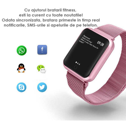 Smartwatch IDL Prestige 68 cu bratara metalica, Display de 1.3 inch IPS color Tactil, Monitorizare Ritm Cardiac, Presiune Vasculara, Incarcare Magnetica, Bluetooth 4.0, Android 4.4 / IoS 9.0, Culoare Pink