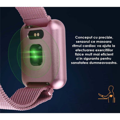 Smartwatch IDL Prestige 68 cu bratara metalica, Display de 1.3 inch IPS color Tactil, Monitorizare Ritm Cardiac, Presiune Vasculara, Incarcare Magnetica, Bluetooth 4.0, Android 4.4 / IoS 9.0, Culoare Pink