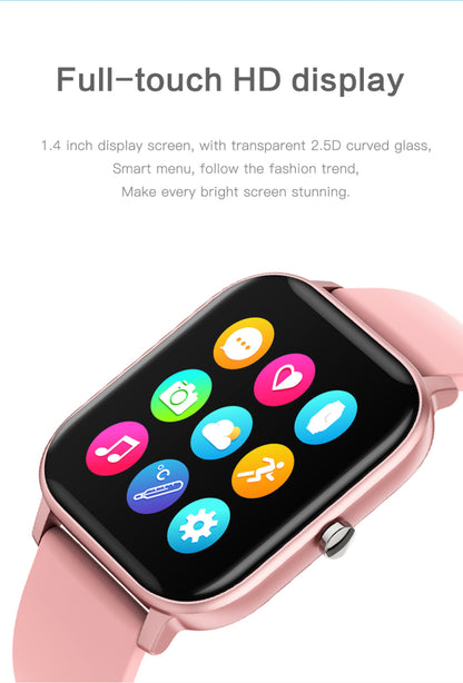 Ceas Smartwatch P8T Optimus idealStore, Curea Silicon, Roz, Impermeabil, 1.4 inch Full Touch Screen, Notificari App, Sedentary Reminder, Control Camera, Music Cotrol, Anti-Lost, Monitorizare Ritm Cardiac, Arderea Caloriilor, Pedometru, Cronometru