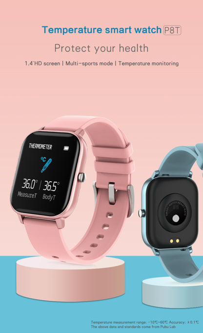 Ceas Smartwatch P8T Optimus idealStore, Curea Silicon, Roz, Impermeabil, 1.4 inch Full Touch Screen, Notificari App, Sedentary Reminder, Control Camera, Music Cotrol, Anti-Lost, Monitorizare Ritm Cardiac, Arderea Caloriilor, Pedometru, Cronometru