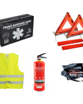 Kit siguranta auto ART, Omologat R.A.R, Valabilitate 5 ani, 1x Trusa Prim Ajutor, 2 x Triunghiuri, 1x Stingator Reincarcabil,1x Vesta reflectorizanta, Geanta pentru depozitare