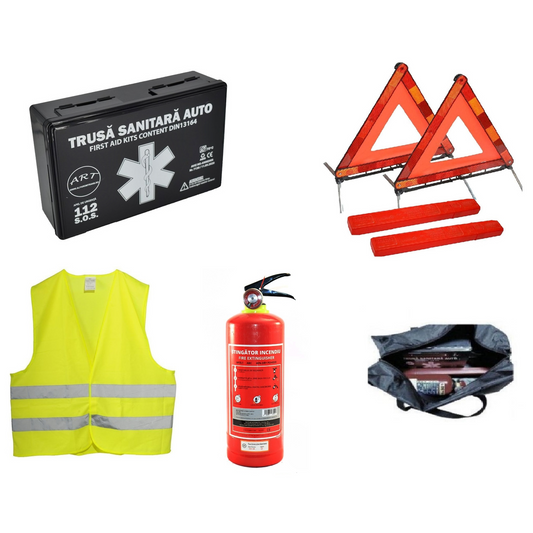 Kit siguranta auto ART, Omologat R.A.R, Valabilitate 5 ani, 1x Trusa Prim Ajutor, 2 x Triunghiuri, 1x Stingator Reincarcabil, 1x Vesta reflectorizanta, Geanta pentru depozitare