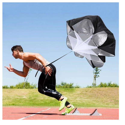 Parasuta Premium POWER SPORT idealSTORE, pentru alergare, viteza, rezistenta si antrenamente sportive, Material rezistent, Circumferinta 114 cm, Lungimea centurii 112 cm, Dimensiuni 105 x 105 cm, Include geanta pentru depozitare