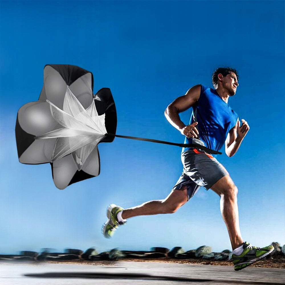 Parasuta Premium POWER SPORT idealSTORE, pentru alergare, viteza, rezistenta si antrenamente sportive, Material rezistent, Circumferinta 114 cm, Lungimea centurii 112 cm, Dimensiuni 105 x 105 cm, Include geanta pentru depozitare