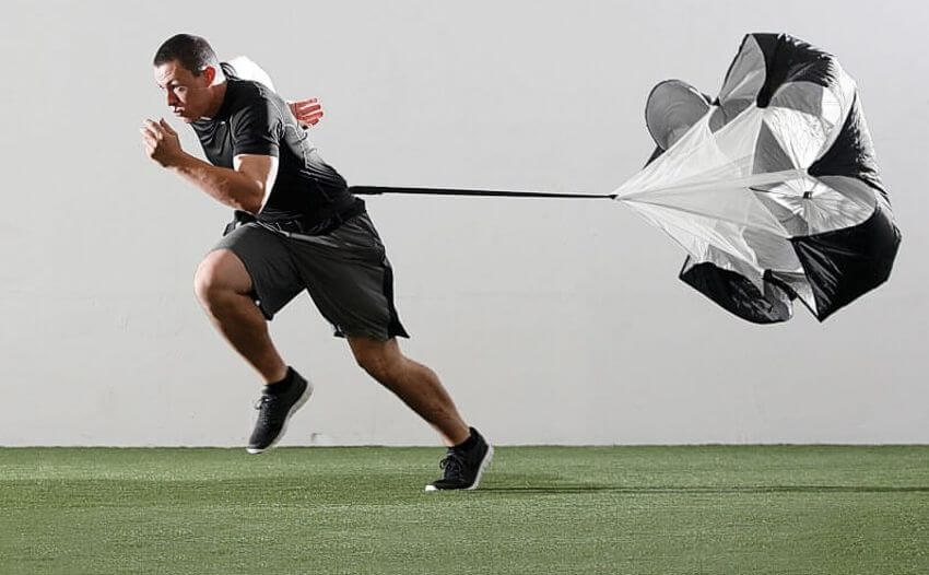 Parasuta Premium POWER SPORT idealSTORE, pentru alergare, viteza, rezistenta si antrenamente sportive, Material rezistent, Circumferinta 114 cm, Lungimea centurii 112 cm, Dimensiuni 105 x 105 cm, Include geanta pentru depozitare