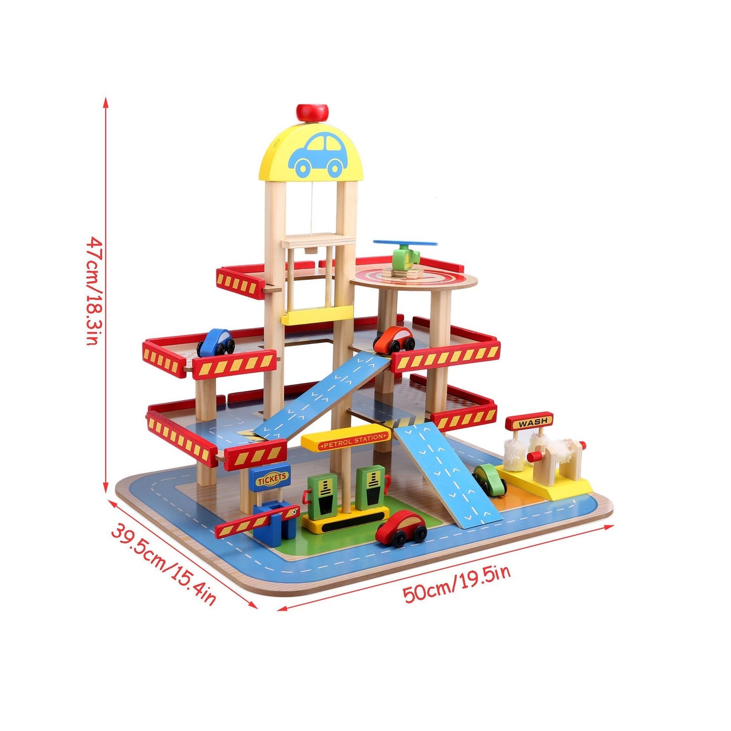 Parcare din Lemn supraetajata Wood Parking Garage IdealStore, Dimensiune 50 X 39 X 47, Pe 3 nivele, Dotata cu ascensor mobil, elicopter, statie de petrol, Dezvolta creativitatea si imaginatia