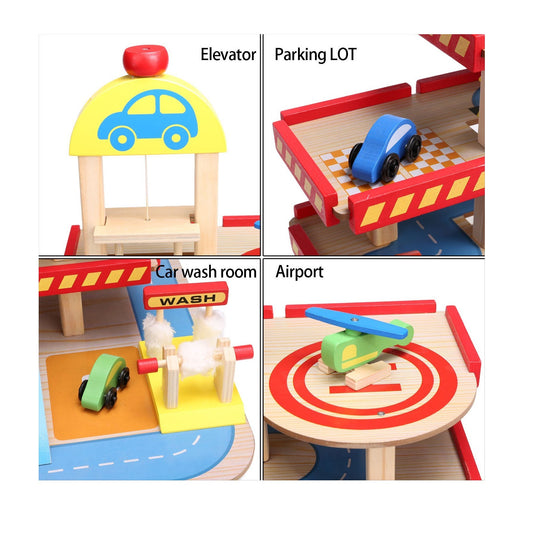 Parcare din Lemn supraetajata Wood Parking Garage IdealStore, Dimensiune 50 X 39 X 47, Pe 3 nivele, Dotata cu ascensor mobil, elicopter, statie de petrol, Dezvolta creativitatea si imaginatia