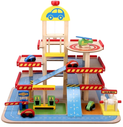 Parcare din Lemn supraetajata Wood Parking Garage IdealStore, Dimensiune 50 X 39 X 47, Pe 3 nivele, Dotata cu ascensor mobil, elicopter, statie de petrol, Dezvolta creativitatea si imaginatia