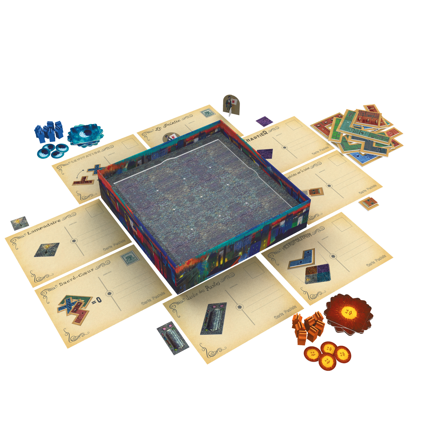 Joc de Societat-Paris - Orasul Luminilor idealSTORE, Include 16 Placute Pavaj Patrate, 12 Piese Cladire, O Plansa de Joc, 14 Cosuri de fum, 8 Jetoane de Actiune, 12 Carti Postale cu Actiuni
