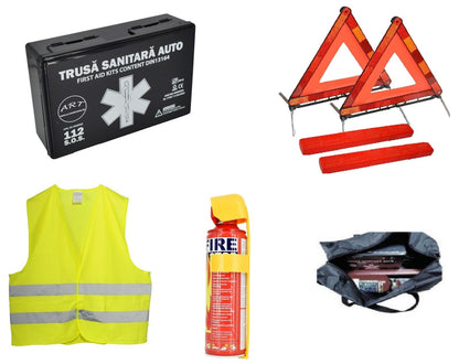 Kit siguranta auto ART omologat R.A.R cu valabilitate 5 ani, 1x Trusa prim ajutor, 2 xTriunghiuri,1x Stingator tip spray 1000ml, 1xVesta reflectorizanta alaturi de Geanta pentru depozitare
