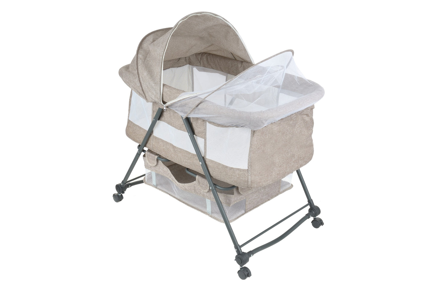 Patut de calatorie pliabil BABY ELIO idealSTORE, Cadru durabil + Tesatura din bumbac respirabila, Saltea reglabila, Include plasa de tantar, cos pentru articole si jucarii, Perfect pentru calatoriile de vara, Sarcina maxima 10 kg, Culoare Bej