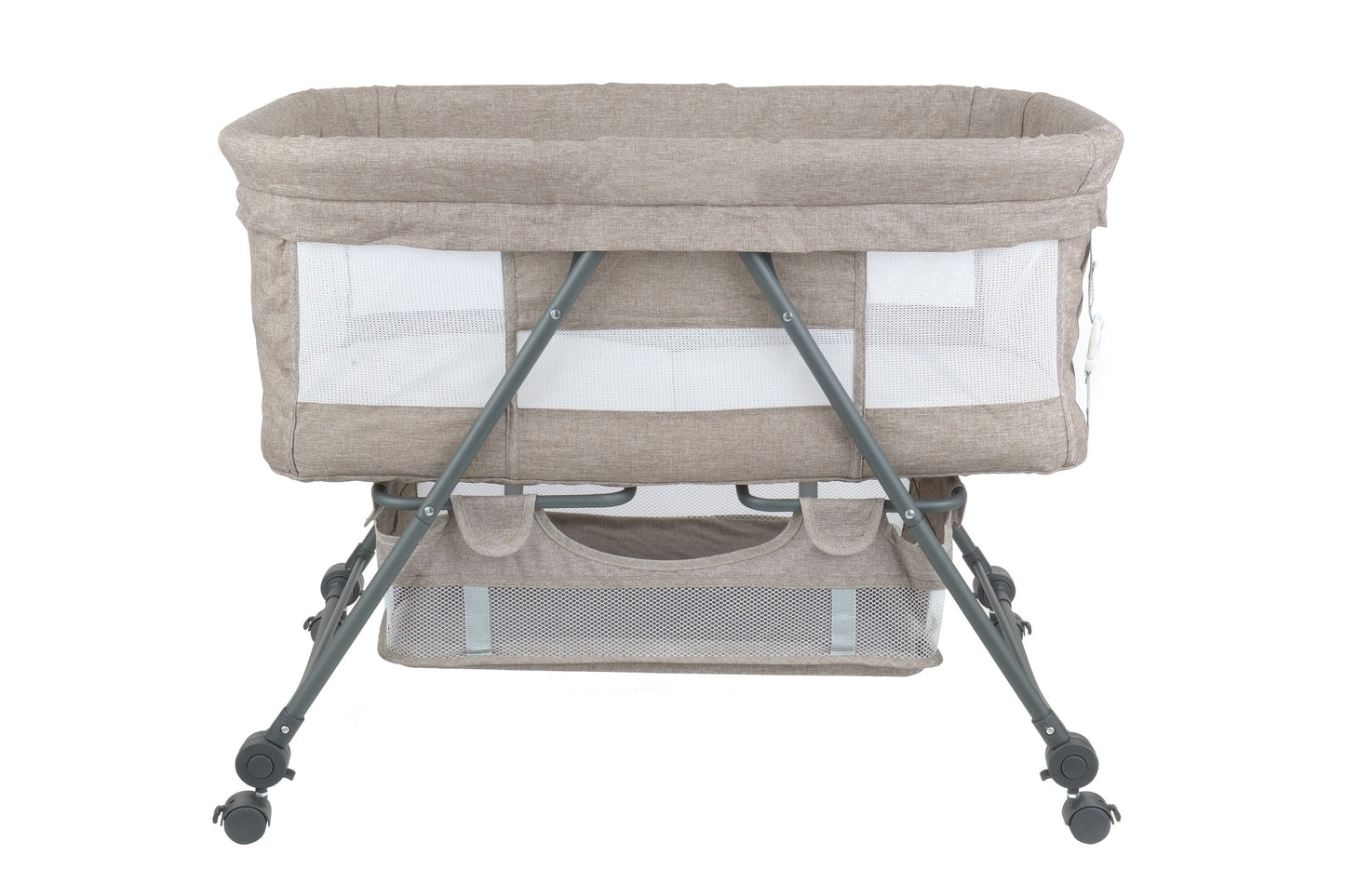 Patut de calatorie pliabil BABY ELIO idealSTORE, Cadru durabil + Tesatura din bumbac respirabila, Saltea reglabila, Include plasa de tantar, cos pentru articole si jucarii, Perfect pentru calatoriile de vara, Sarcina maxima 10 kg, Culoare Bej