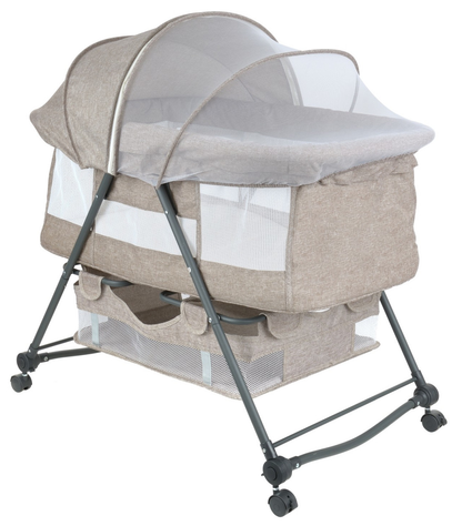 Patut de calatorie pliabil BABY ELIO idealSTORE, Cadru durabil + Tesatura din bumbac respirabila, Saltea reglabila, Include plasa de tantar, cos pentru articole si jucarii, Perfect pentru calatoriile de vara, Sarcina maxima 10 kg, Culoare Bej