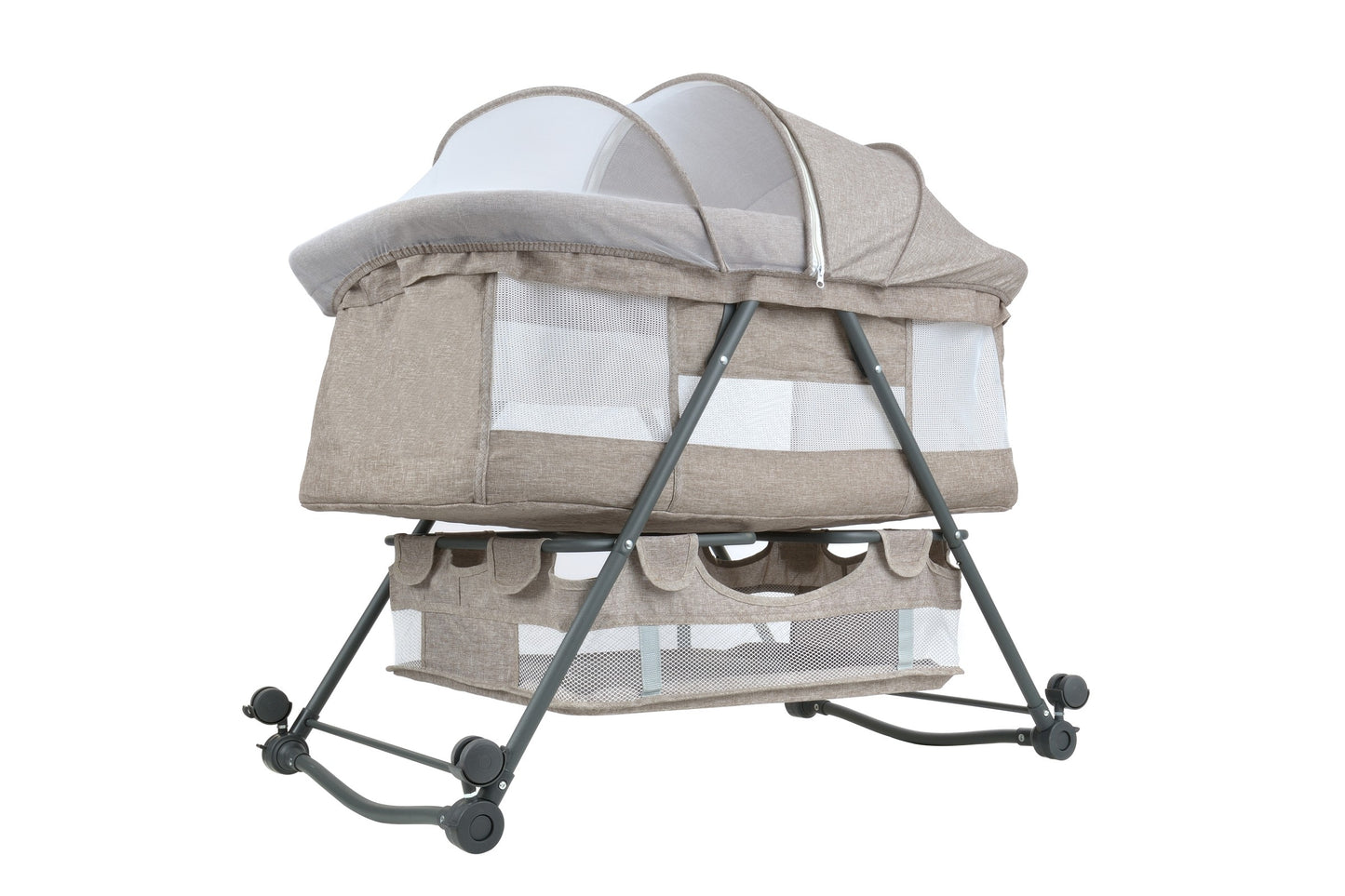 Patut de calatorie pliabil BABY ELIO idealSTORE, Cadru durabil + Tesatura din bumbac respirabila, Saltea reglabila, Include plasa de tantar, cos pentru articole si jucarii, Perfect pentru calatoriile de vara, Sarcina maxima 10 kg, Culoare Bej