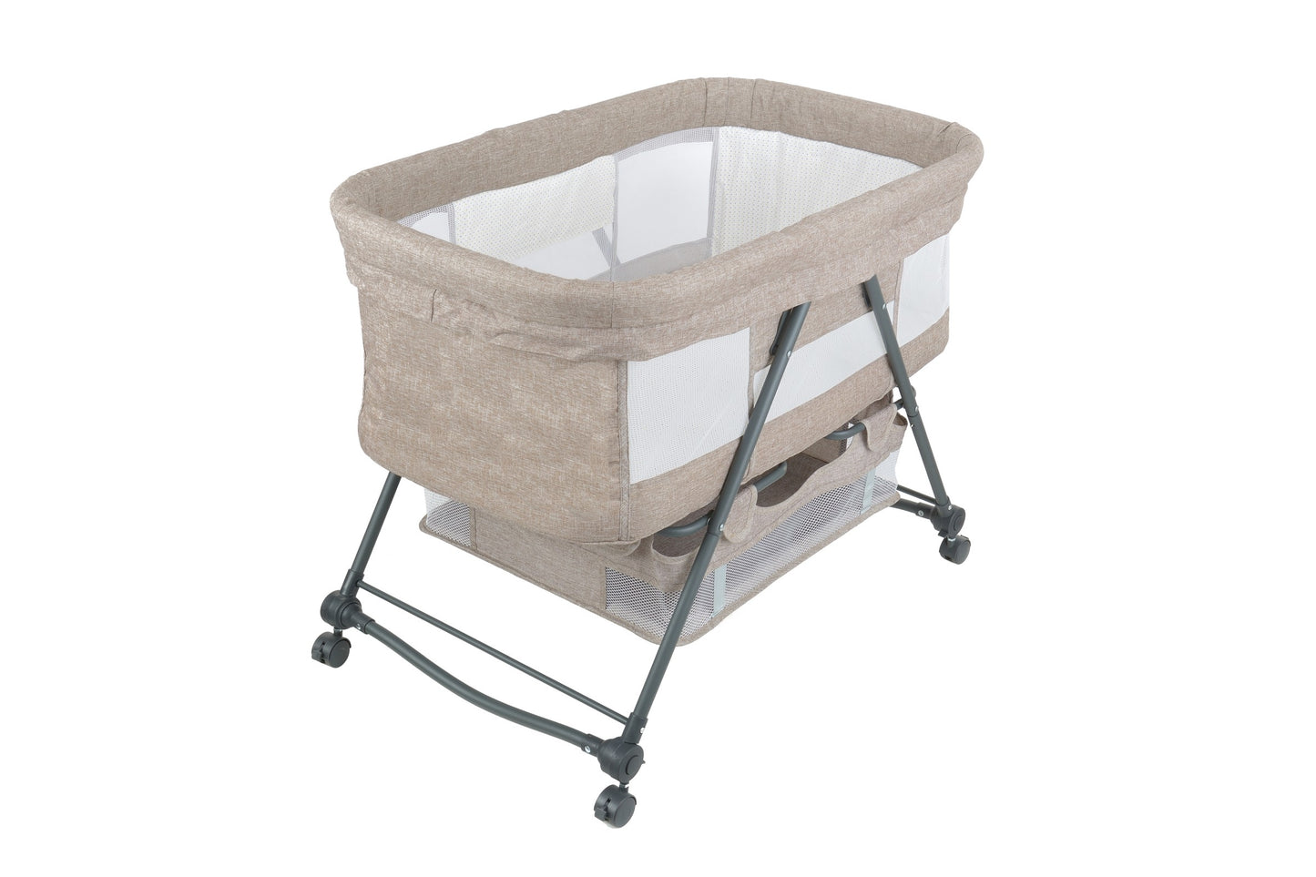 Patut de calatorie pliabil BABY ELIO idealSTORE, Cadru durabil + Tesatura din bumbac respirabila, Saltea reglabila, Include plasa de tantar, cos pentru articole si jucarii, Perfect pentru calatoriile de vara, Sarcina maxima 10 kg, Culoare Bej