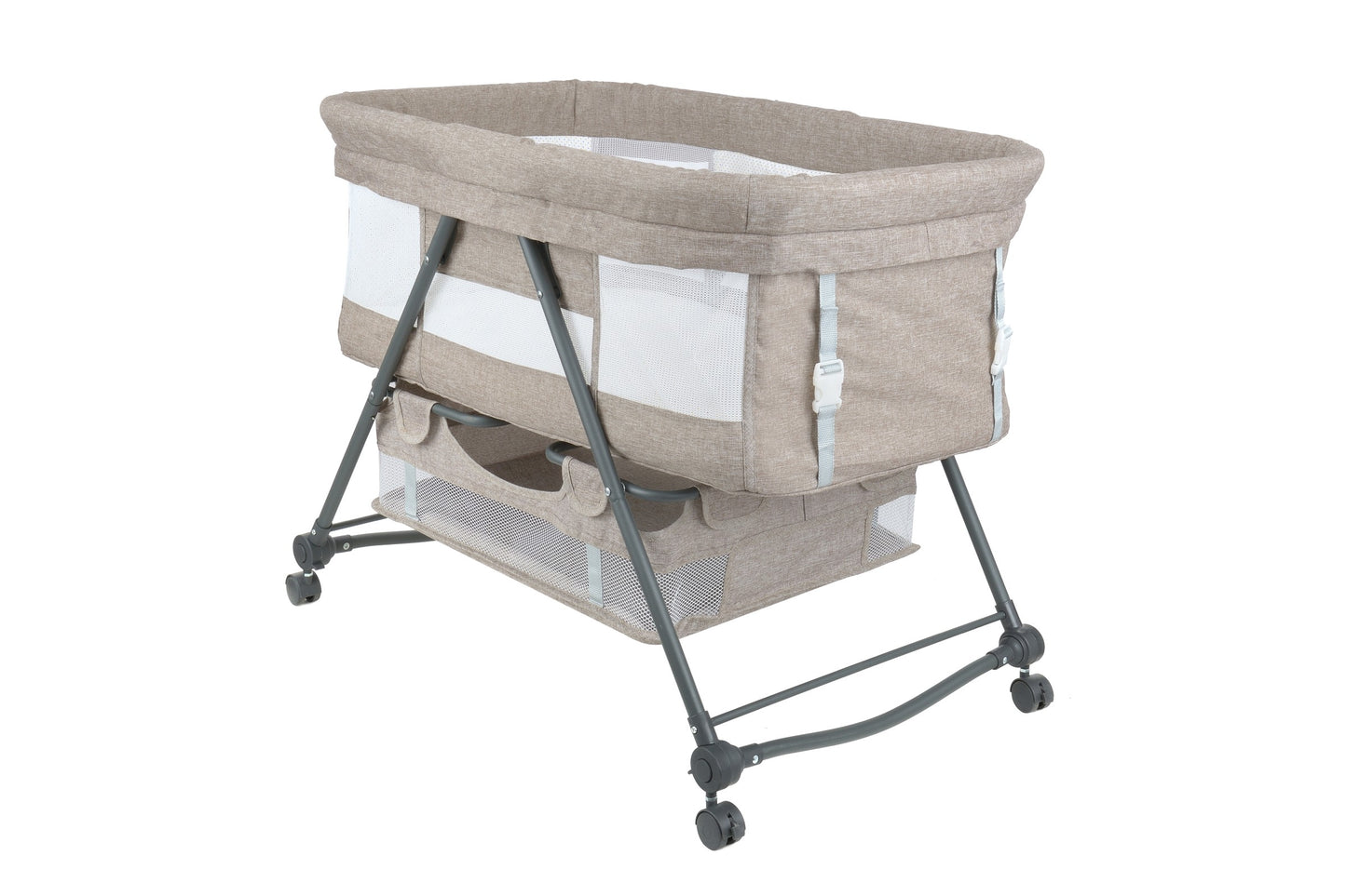 Patut de calatorie pliabil BABY ELIO idealSTORE, Cadru durabil + Tesatura din bumbac respirabila, Saltea reglabila, Include plasa de tantar, cos pentru articole si jucarii, Perfect pentru calatoriile de vara, Sarcina maxima 10 kg, Culoare Bej