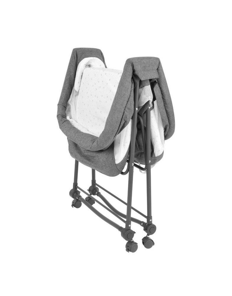 Patut de calatorie pliabil BABY ELIO idealSTORE, Cadru durabil + Tesatura din bumbac respirabila, Saltea reglabila, Include plasa de tantar, cos pentru articole si jucarii, Perfect pentru calatoriile de vara, Sarcina maxima 10 kg, Culoare Gri