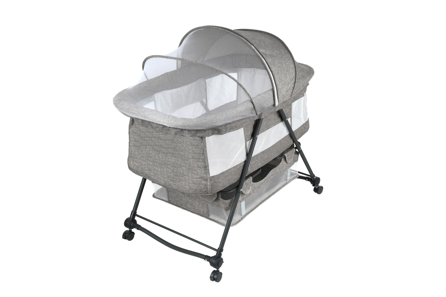 Patut de calatorie pliabil BABY ELIO idealSTORE, Cadru durabil + Tesatura din bumbac respirabila, Saltea reglabila, Include plasa de tantar, cos pentru articole si jucarii, Perfect pentru calatoriile de vara, Sarcina maxima 10 kg, Culoare Gri