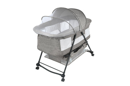 Patut de calatorie pliabil BABY ELIO idealSTORE, Cadru durabil + Tesatura din bumbac respirabila, Saltea reglabila, Include plasa de tantar, cos pentru articole si jucarii, Perfect pentru calatoriile de vara, Sarcina maxima 10 kg, Culoare Gri