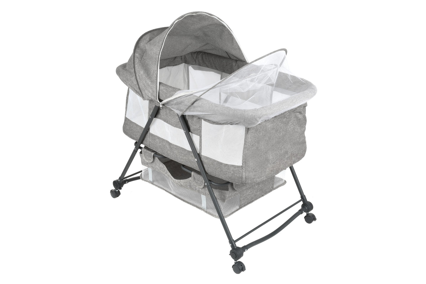 Patut de calatorie pliabil BABY ELIO idealSTORE, Cadru durabil + Tesatura din bumbac respirabila, Saltea reglabila, Include plasa de tantar, cos pentru articole si jucarii, Perfect pentru calatoriile de vara, Sarcina maxima 10 kg, Culoare Gri