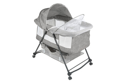 Patut de calatorie pliabil BABY ELIO idealSTORE, Cadru durabil + Tesatura din bumbac respirabila, Saltea reglabila, Include plasa de tantar, cos pentru articole si jucarii, Perfect pentru calatoriile de vara, Sarcina maxima 10 kg, Culoare Gri