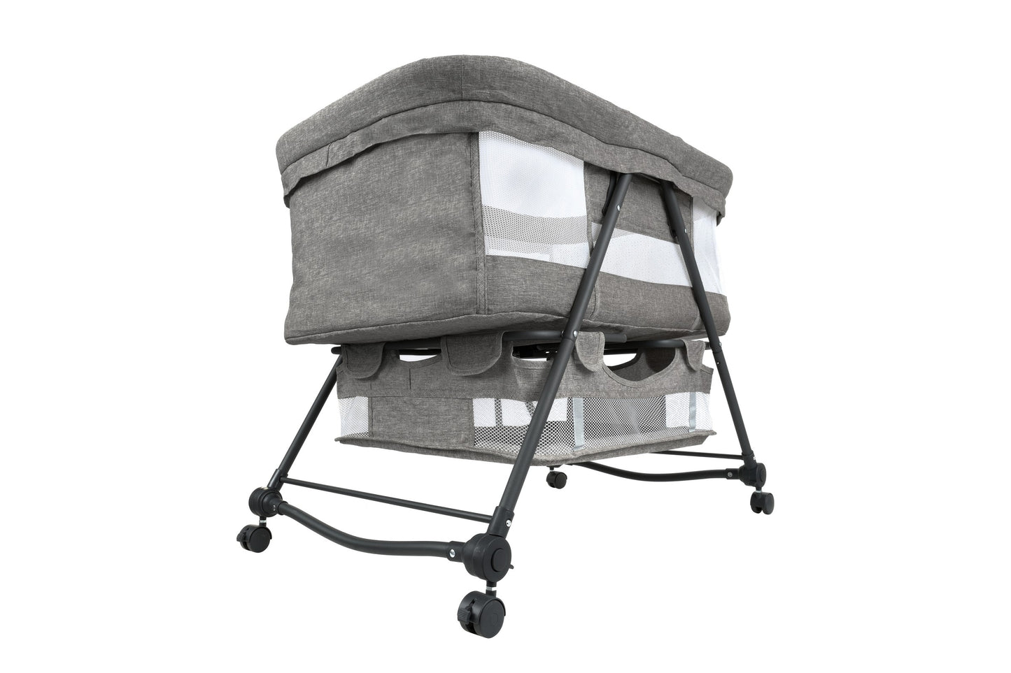 Patut de calatorie pliabil BABY ELIO idealSTORE, Cadru durabil + Tesatura din bumbac respirabila, Saltea reglabila, Include plasa de tantar, cos pentru articole si jucarii, Perfect pentru calatoriile de vara, Sarcina maxima 10 kg, Culoare Gri