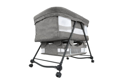 Patut de calatorie pliabil BABY ELIO idealSTORE, Cadru durabil + Tesatura din bumbac respirabila, Saltea reglabila, Include plasa de tantar, cos pentru articole si jucarii, Perfect pentru calatoriile de vara, Sarcina maxima 10 kg, Culoare Gri