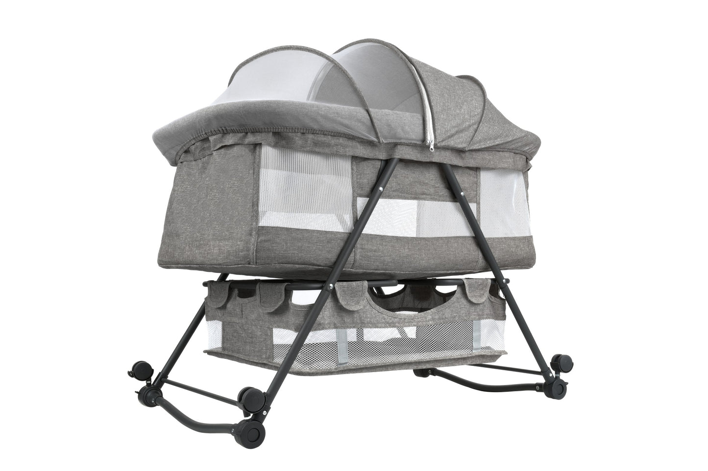 Patut de calatorie pliabil BABY ELIO idealSTORE, Cadru durabil + Tesatura din bumbac respirabila, Saltea reglabila, Include plasa de tantar, cos pentru articole si jucarii, Perfect pentru calatoriile de vara, Sarcina maxima 10 kg, Culoare Gri