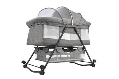 Patut de calatorie pliabil BABY ELIO idealSTORE, Cadru durabil + Tesatura din bumbac respirabila, Saltea reglabila, Include plasa de tantar, cos pentru articole si jucarii, Perfect pentru calatoriile de vara, Sarcina maxima 10 kg, Culoare Gri