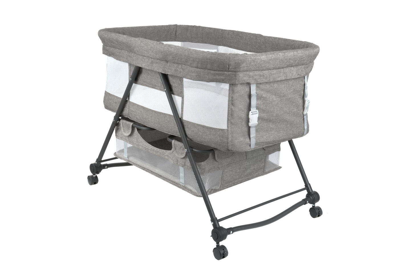 Patut de calatorie pliabil BABY ELIO idealSTORE, Cadru durabil + Tesatura din bumbac respirabila, Saltea reglabila, Include plasa de tantar, cos pentru articole si jucarii, Perfect pentru calatoriile de vara, Sarcina maxima 10 kg, Culoare Gri