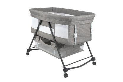 Patut de calatorie pliabil BABY ELIO idealSTORE, Cadru durabil + Tesatura din bumbac respirabila, Saltea reglabila, Include plasa de tantar, cos pentru articole si jucarii, Perfect pentru calatoriile de vara, Sarcina maxima 10 kg, Culoare Gri