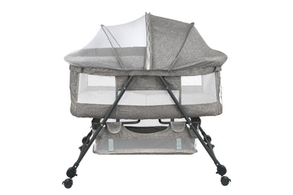 Patut de calatorie pliabil BABY ELIO idealSTORE, Cadru durabil + Tesatura din bumbac respirabila, Saltea reglabila, Include plasa de tantar, cos pentru articole si jucarii, Perfect pentru calatoriile de vara, Sarcina maxima 10 kg, Culoare Gri