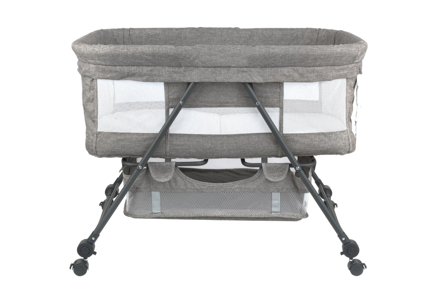 Patut de calatorie pliabil BABY ELIO idealSTORE, Cadru durabil + Tesatura din bumbac respirabila, Saltea reglabila, Include plasa de tantar, cos pentru articole si jucarii, Perfect pentru calatoriile de vara, Sarcina maxima 10 kg, Culoare Gri