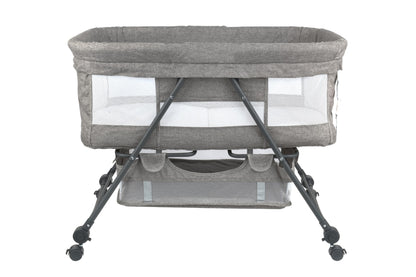 Patut de calatorie pliabil BABY ELIO idealSTORE, Cadru durabil + Tesatura din bumbac respirabila, Saltea reglabila, Include plasa de tantar, cos pentru articole si jucarii, Perfect pentru calatoriile de vara, Sarcina maxima 10 kg, Culoare Gri