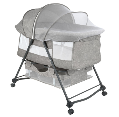 Patut de calatorie pliabil BABY ELIO idealSTORE, Cadru durabil + Tesatura din bumbac respirabila, Saltea reglabila, Include plasa de tantar, cos pentru articole si jucarii, Perfect pentru calatoriile de vara, Sarcina maxima 10 kg, Culoare Gri