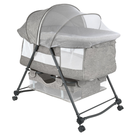Patut de calatorie pliabil BABY ELIO idealSTORE, Cadru durabil + Tesatura din bumbac respirabila, Saltea reglabila, Include plasa de tantar, cos pentru articole si jucarii, Perfect pentru calatoriile de vara, Sarcina maxima 10 kg, Culoare Gri