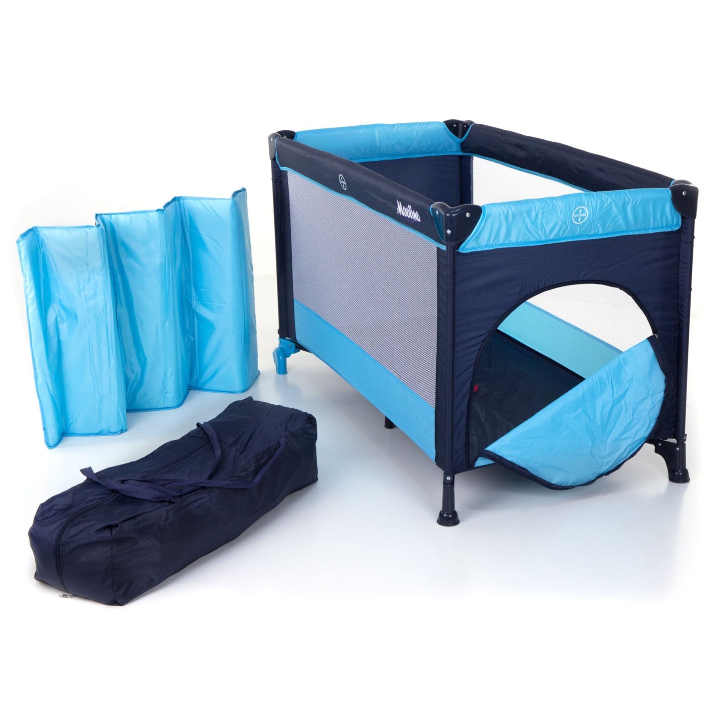 Patut Turistic pliabil Ideal Travel, ideal pentru calatori dar si patut traditional, design solid si elastic, constructie solida in 7 puncte, material premium, saltea moale si pliabila, geanta transport inclusa culoare albastru