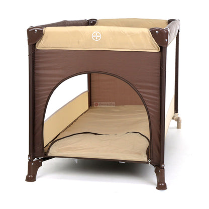 Patut Turistic pliabil Ideal Travel, ideal pentru calatorii dar si patut traditional, design solid si elastic, constructie solida in 7 puncte, material premium, saltea moale si pliabila, geanta transport inclusa culoare Maro