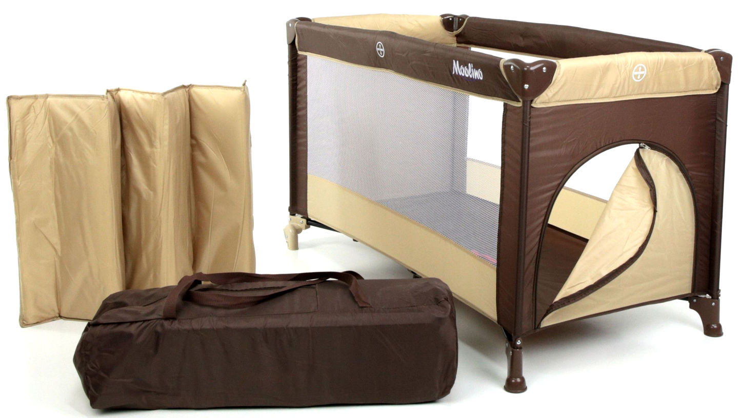 Patut Turistic pliabil Ideal Travel, ideal pentru calatorii dar si patut traditional, design solid si elastic, constructie solida in 7 puncte, material premium, saltea moale si pliabila, geanta transport inclusa culoare Maro